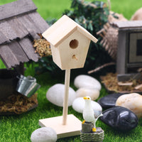 Mini Wooden Birdhouse Ornament Wood Finish Miniature Birdhouse on a Post Pitched Roof Wooden House Ornament with Base for Dollhouse, Courtyard