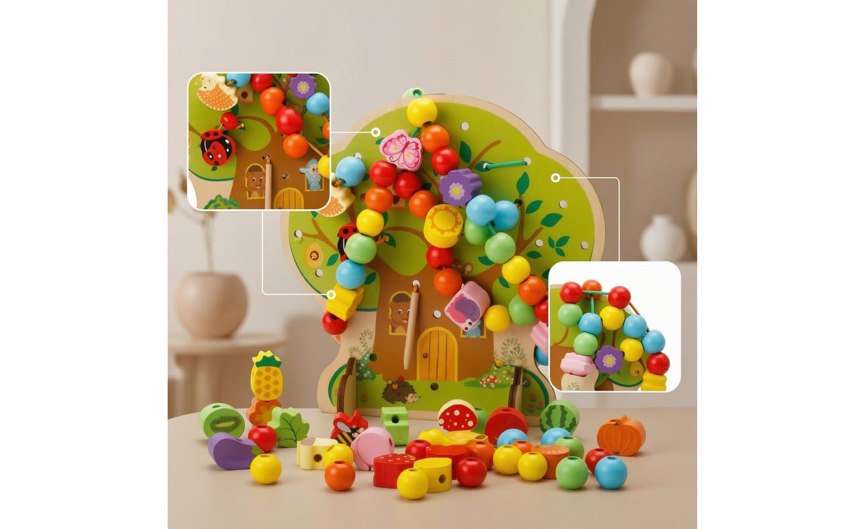 Tree-Shaped Wooden Threading Board Multicolor Threading Board with Beads Smooth Wooden Blocks Vibrant for Preschoolers, Toddlers, Home, Daycare