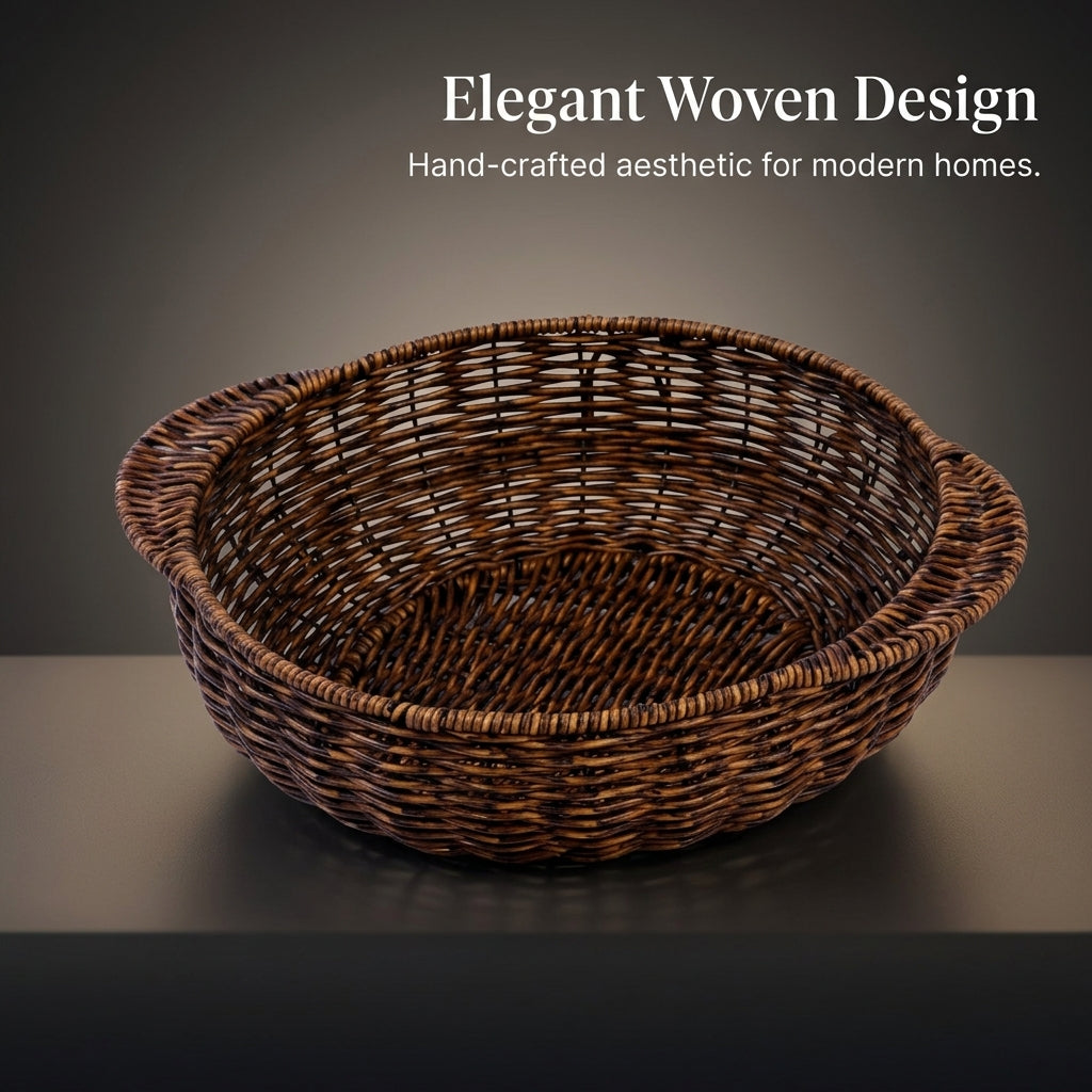 Woven Wicker Basket with Wooden Handles for Storage and Serving, Polypropylene Imitation Rattan Hamper for Gifts, Lightweight Organizer