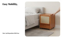Rattan Nightstand Mobile with Wheels Rolling Rattan-Front Cabinet Narrow Design Sturdy Wood Legs for Renters, Homeowners
