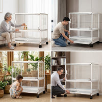 Large Bird Cage with Wheels and 2 Tiers, Stackable Metal Parrot Cage, Panoramic Clear Design, Easy to Wash for Various Bird Species