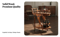 Vintage Beverage Cart With Wheels Mobile Beverage Rack Cart Solid Wood Construction Wooden Serving Trolley for Hotel Managers, Home Bar, Dining Room
