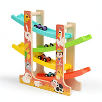 Multi-Level Wooden Car Ramp with 6 Cars Compact Wooden Car Ramp Race Track Toy Indoor Toddler Race Track for Preschoolers