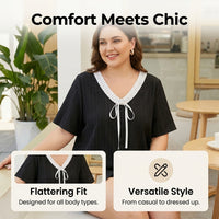 Womens Tops with Lace Trim V-Neck for Summer, Ladies Mature Clothes in Breathable Fabric up to 6XL, Going Out with Feminine Detail