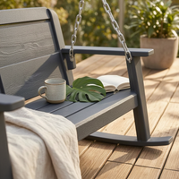 2 Seat Swing Bench Plastic Wood Two-Person Swing Bench Metal Chain Hanging System Cup Holders for Patio, Garden