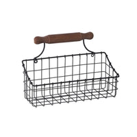 Wire Basket with Wooden Handle Black Metal Storage Bin Rustic Bin for Balcony