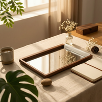 Stainless Steel Tray with Wood Strips Reflective Mirrored Display Tray Decorative for Tabletop