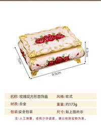European Vintage Jewelry Box with Metal Rose Design, Creative Ring and Earring Organizer