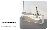 Luminous Curved Reception Desk High-Gloss Finish LED Cashier Counter Wide Countertop LED Reception Desk for Shopkeepers, Cafe, Company Entrance, Lobby