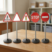 5 Pieces Freestanding Road Sign Models Safety Toy Road Signs with Bases Realistic Toy Traffic Signs Sturdy for Teachers, Toddlers, Playroom