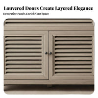 Louvered Door Console Distressed Finish Storage Cabinet French Country Design Handmade for Interior Decorators, Entryway