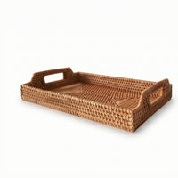 Rattan Tray with Handles Low-Height Rattan Serving Tray Rustic for Tea Service