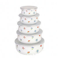 5 Pieces Enamel Bowls with Lids Floral Bowl Set Dishwasher Safe for Refrigerator