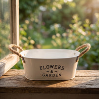 Farmhouse Oval Planter with Rope Handles Rustic Metal Planter Container White Flowers and Garden Container Tapered for Tabletop