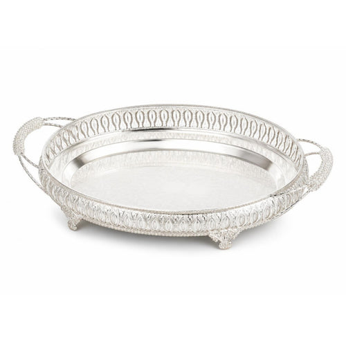 Mirrored Tray with Handles Openwork Decorative Tray Cutout edge Vintage-Retro Metal Serving Platter with Feet for Vanity, Living Room, Parties