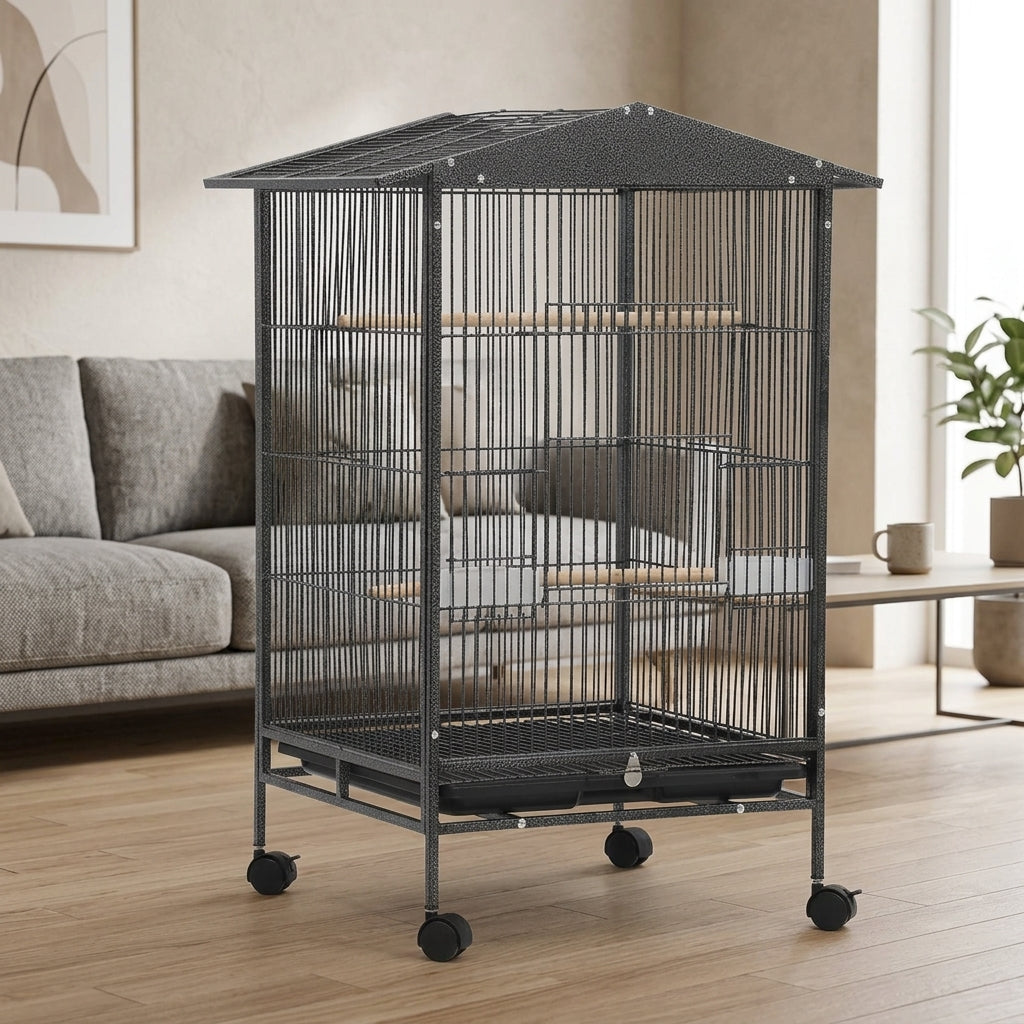 Extra Large Bird Cage with Peak Roof, Low Carbon Steel Wire Large Parrot Cage with Wheels, Indoor Outdoor Habitat Including 3 Perches