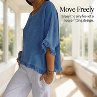 Beach Cover Up Linen Shirt with Round Neckline, Dressy Casual Breathable Blend, Ladies Pullover Style