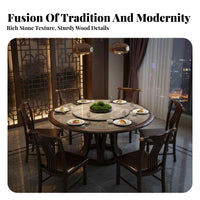 Solid Wood Dining Set with Turntable Heat Resistant New Chinese Design Dining Set High Temperature Resistance Kitchen Table with 6 Chairs for Families