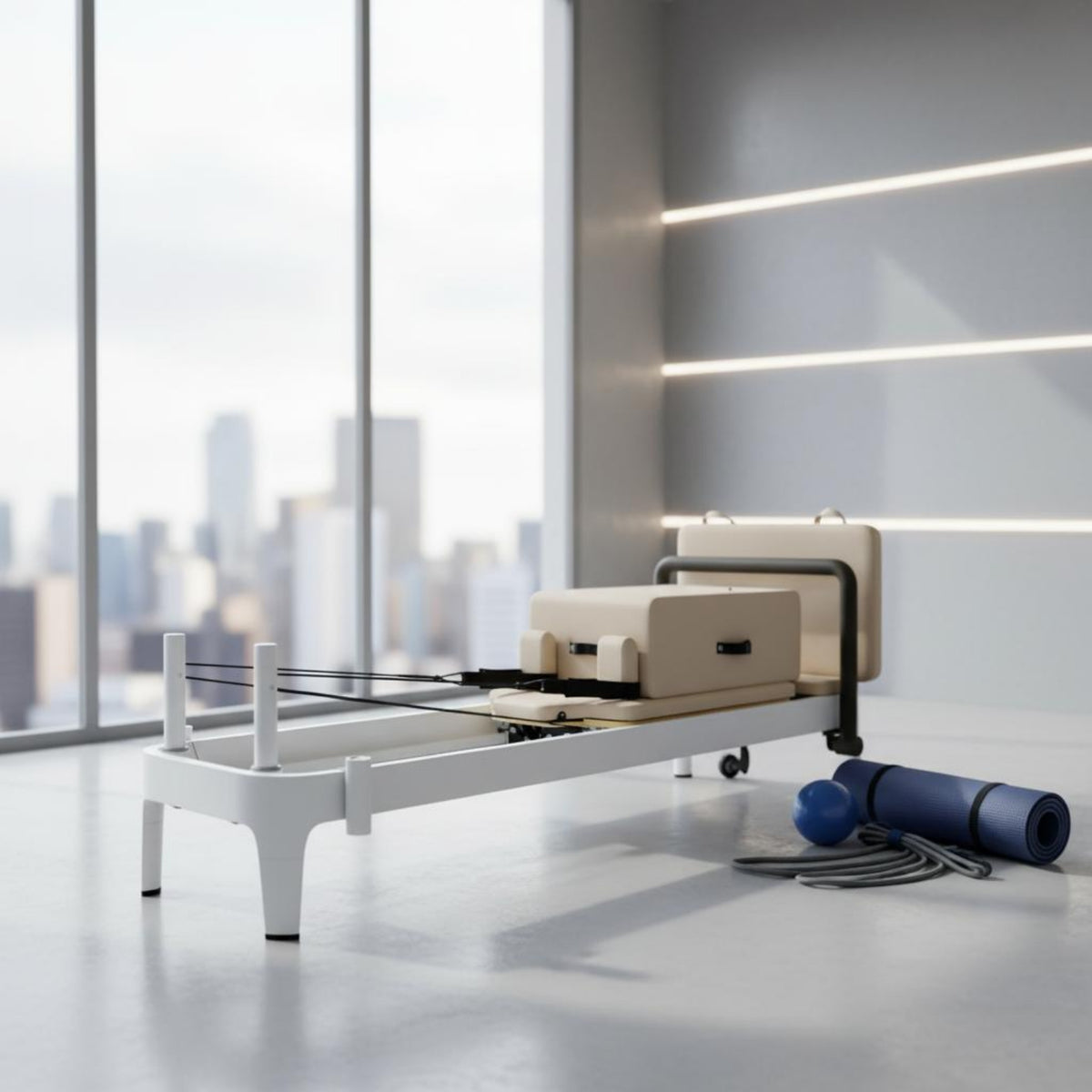 Pilates Reformer Padded Upholstered Pilates  Bed Portable Exercise Machine for Studio, Home