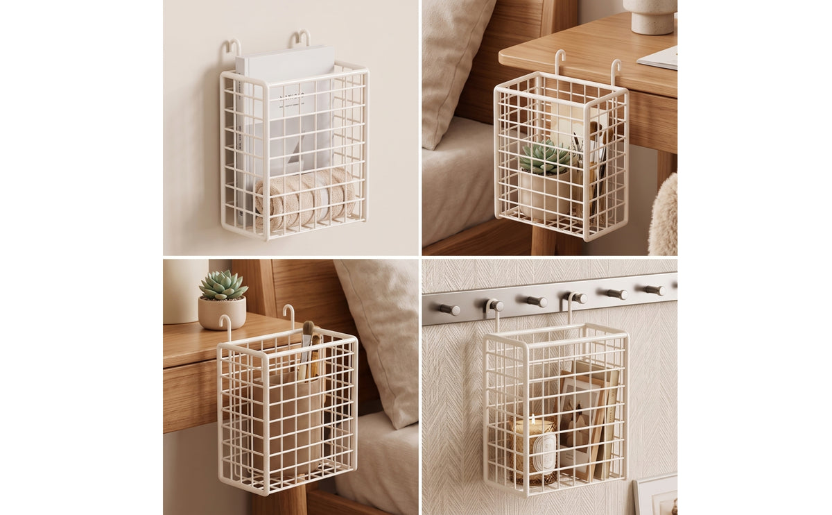 Metal Grid Wall Basket with Hooks Multipurpose Metal Wire Hanging Basket Space-Saving Organizer for Kitchen, Washroom, Closet