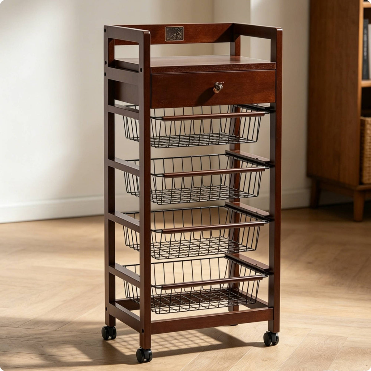 Mobile Wooden Storage Rack Floor-Standing Six-Tier Storage Rack Compact