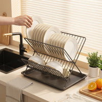 Dish Drying Rack and Drainer Rack, Foldable X-Shaped Carbon Steel Dish Drainer, Space-Saving Dish Rack with Drip Tray for Modern Kitchen Counter