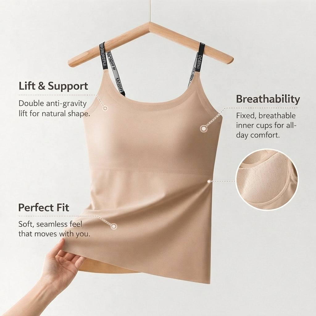 Camisole Tops for Women with Built-In Padded Bra for Layering, Seamless Loungewear with Round Neckline, Nylon Blend Ladies