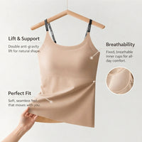 Camisole Tops for Women with Built-In Padded Bra for Layering, Seamless Loungewear with Round Neckline, Nylon Blend Ladies