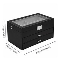 Transparent Top Window Three-Tier Eyeglass Box Black PU Leather Eyeglass Drawer Case Textile-Lined Sunglasses Organizer Metal Latch