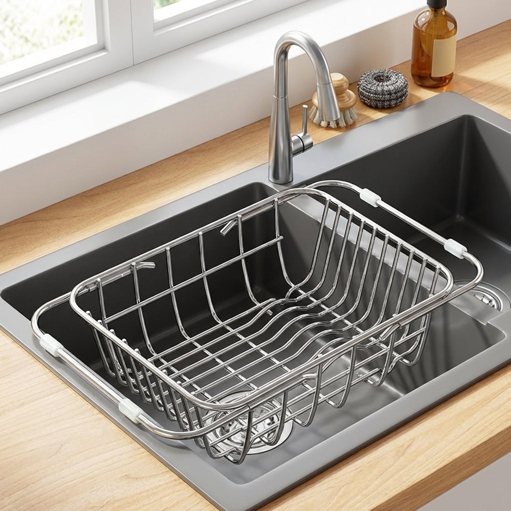 Square Drain Basket Sink Drainer, 201 Stainless Steel Sink Strainer Dish Drain Rack, Space Saving In-Sink Tool to Wash Vegetables Fruits