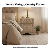 Carved Single-Drawer Nightstand French Country design Bedside Table with Drawer Handmade Space-Saving for Homeowners, Guest Room