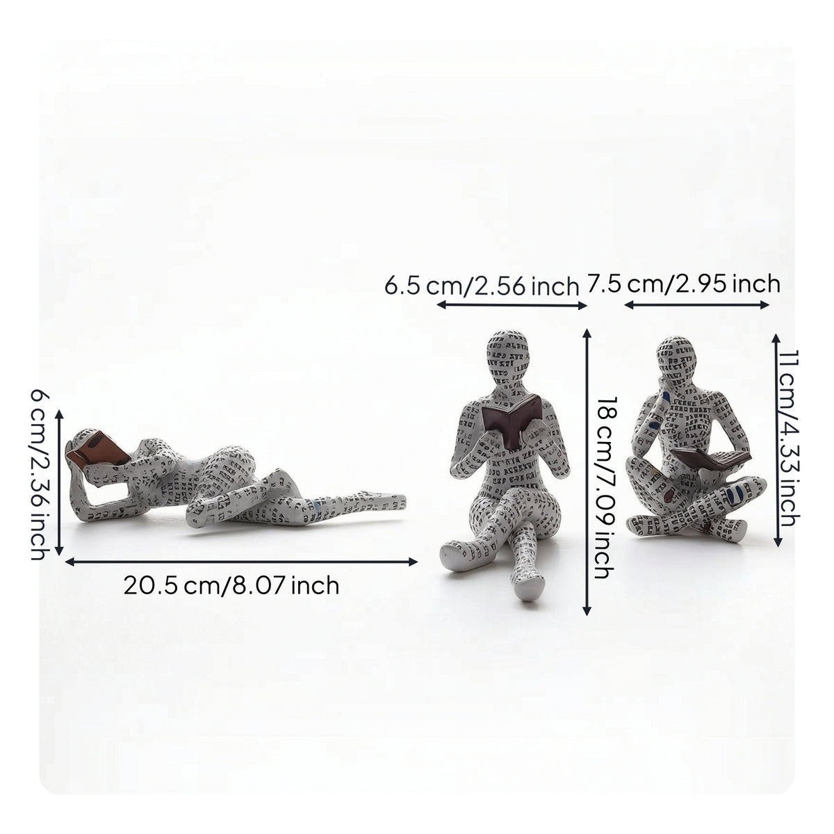 3 Pieces Smooth Sculptures with Newspaper Print Sculptural Human Figurines with Books Matte Minimalist Figure Statues Artistic for Readers, Tabletop, Study Nook, Living Room