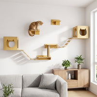 Solid Wood Feline Perch Wall-Mounted Condo with Bed, Indoor Activity Perch for Felines, Space Saving Living Room Furniture and Scratching Surface