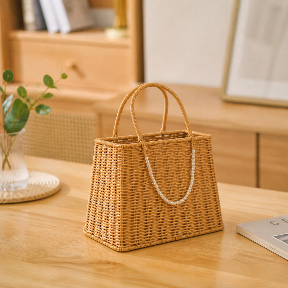 Wicker Basket with Handle, Wicker Gathering Trug, Pastoral Brown Storage for Fruit, Picnics & Garden Harvest