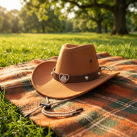 Cowboy Hat with Heart Ornament Decorated Western Hat with Chin Cord Wide Brim for Girls, Young Children, Dress-up, Costume Parties, Photo Shoots