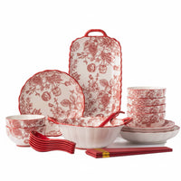 Wedding Housewarming Tableware Set, Flower Queen Underglaze Porcelain, Festive Red Bowl and Plate, Gift for Friends
