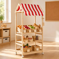 Striped Awning Children's Book and Toy Organizer Natural Wood House-Style Shelf Freestanding Children's Toy Rack Accessible Design