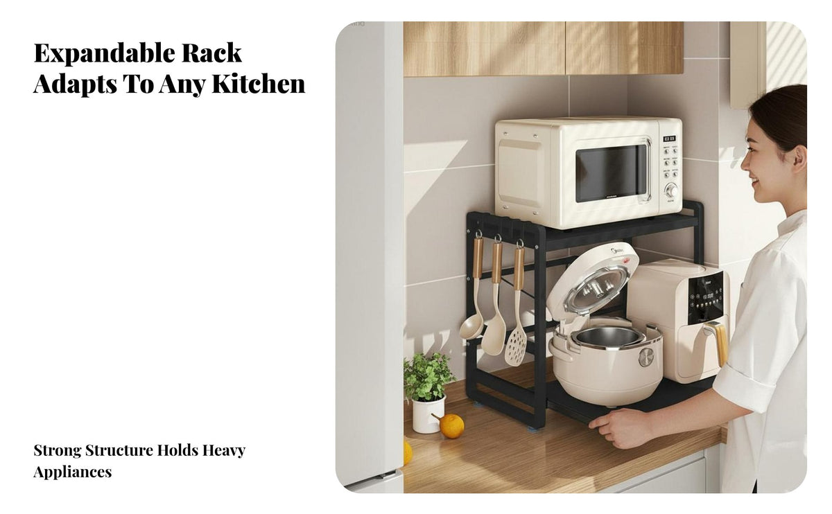 Space-Saving Extendable Microwave Rack Heat Resistant Expandable Microwave Stand Easy to Assemble Pull-out Appliance Shelf Rust Proof for Home Cooks, Apartment Dwellers, Homeowners, Kitchen, Pantry