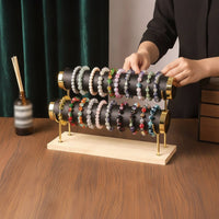 Double-Tier Bracelet Display Stand Leather-Wrapped Wooden Bracelet Stand Countertop Bangle Display Minimalist for Collectors, Dresser