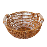 Rattan-Style Round Basket with Wooden Handle for Storage and Decoration