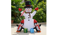 Eye-Catching Inflatable Snowman with Penguins Stable Snowman with Top Hat Giant Yard Decoration Reusable for Lawn