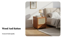 Rattan Nightstand Mobile with Wheels Rolling Rattan-Front Cabinet Narrow Design Sturdy Wood Legs for Renters, Homeowners