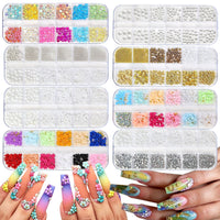 12-Grid Nail Art Mixed Gold and Silver Steel Balls, Pearls, Alloy and Colored Five-Petal Flower Charms