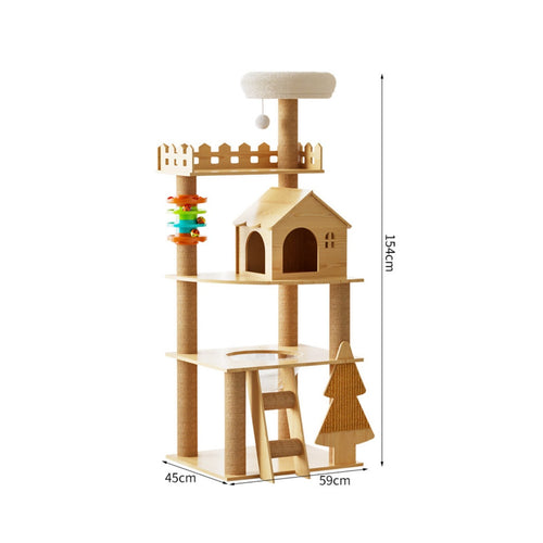 Cat House Multi-level Climbing Structure Scratching Posts Pet Condo Toys Durable Wood Construction Play Center Suitable for Living Room Bedroom