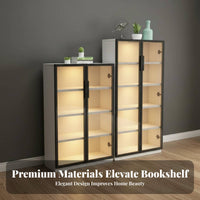 LED Display Cabinet Solid Wood Frame Glass Door Bookcase Large Capacity Lighted Display Cabinet for Decor Enthusiasts, Living Room, Study, Home Office