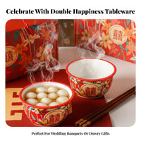 Ceramic Double Happiness Bowl Set, Red Tableware, Wedding Gift, Chopsticks & Spoon