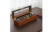 Wooden Watch Display Box Cushioned Compartments Watch Display Box Teak-Grain Finish Gold-Tone Hardware