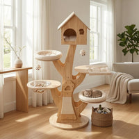 Treehouse Feline Climbing Structure Cushioned Perch Wooden Feline Furniture Gabled Roof Animal Furniture