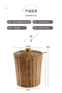创意带盖收纳桶杂物篮仿藤编储物筐轻奢塑料家用客厅垃圾篓