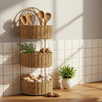 Tiered Wall Basket Space-Saving Faux Rattan Hanging Organizer Breathable Wall-Mounted Mounted Organizer for Kitchen, Washroom